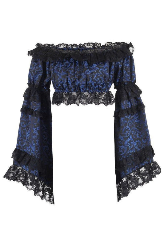 Blue/Black Brocade Smocked Flare Sleeve Peasant Top - Daisy Corsets