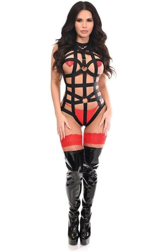 BOXED Black Stretchy Body Harness Bodysuit w/Silver Hardware - Daisy Corsets