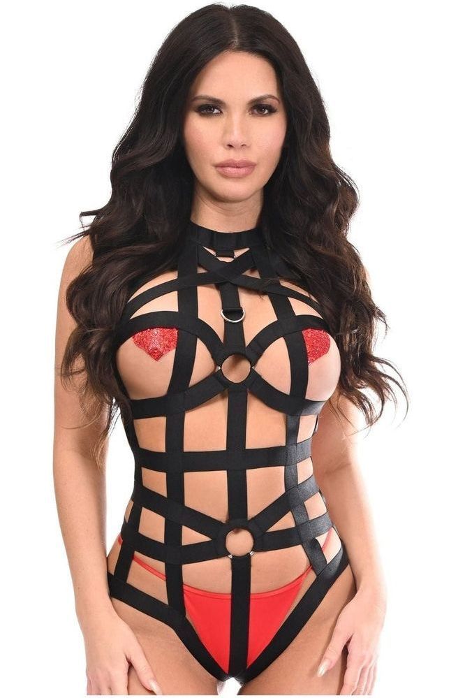 BOXED Black Stretchy Body Harness Bodysuit w/Silver Hardware - Daisy Corsets