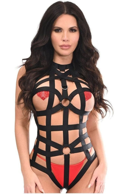 BOXED Black Stretchy Body Harness Bodysuit w/Silver Hardware - Daisy Corsets