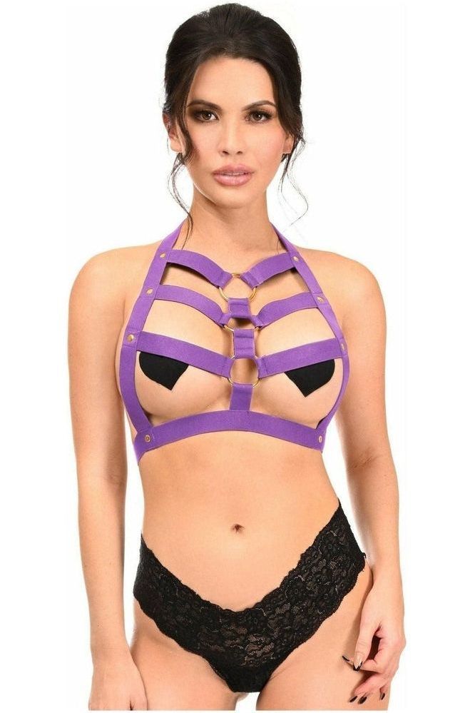 BOXED Dark Purple Stretchy Body Harness w/Gold Hardware