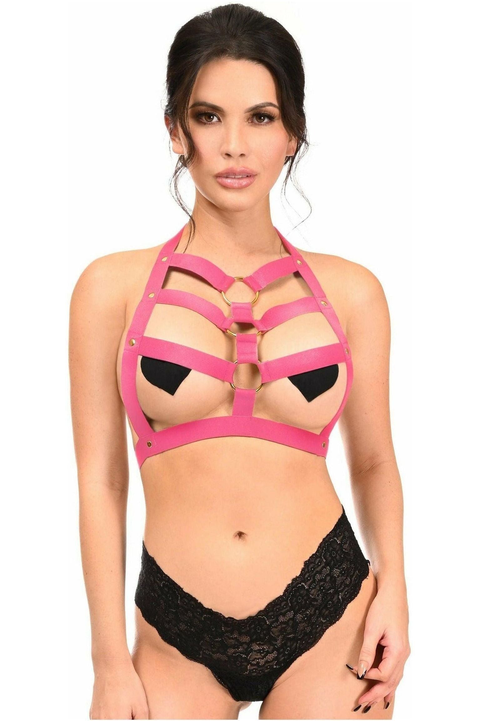 BOXED Hot Pink Stretchy Body Harness w/Gold Hardware - Daisy Corsets