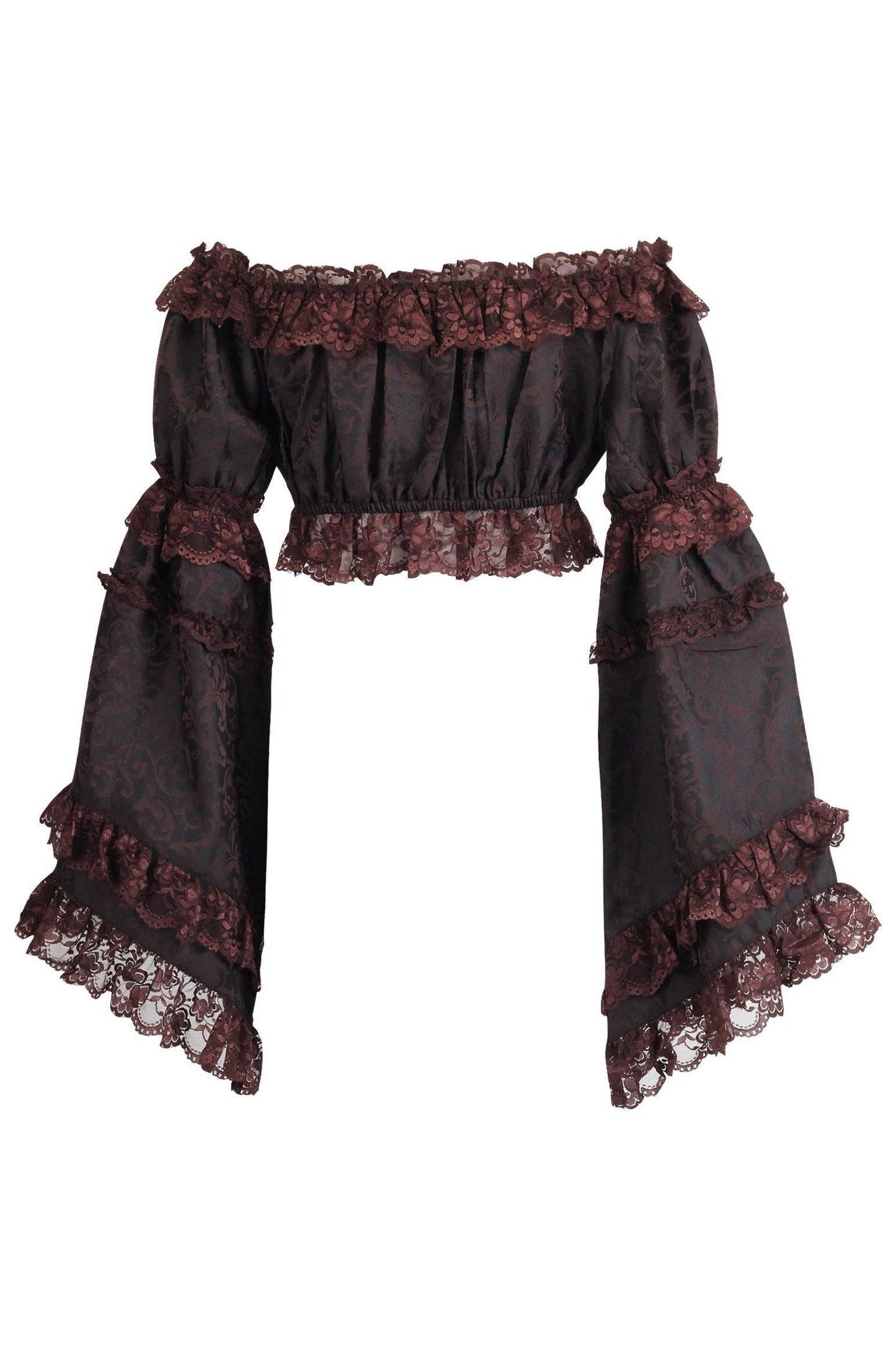 Brown Brocade Smocked Flare Sleeve Peasant Top - Daisy Corsets