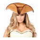 Woman wearing a camel-colored faux leather tricorn pirate hat.