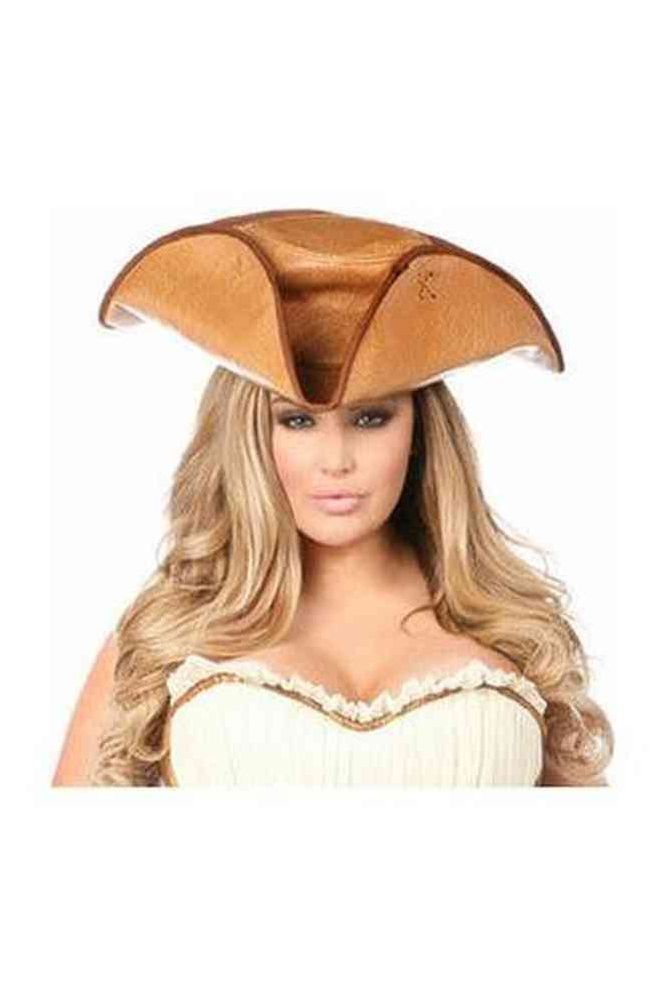 Woman wearing a camel-colored faux leather tricorn pirate hat.