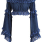 Dark Blue Denim Smocked Flare Sleeve Peasant Top - Daisy Corsets