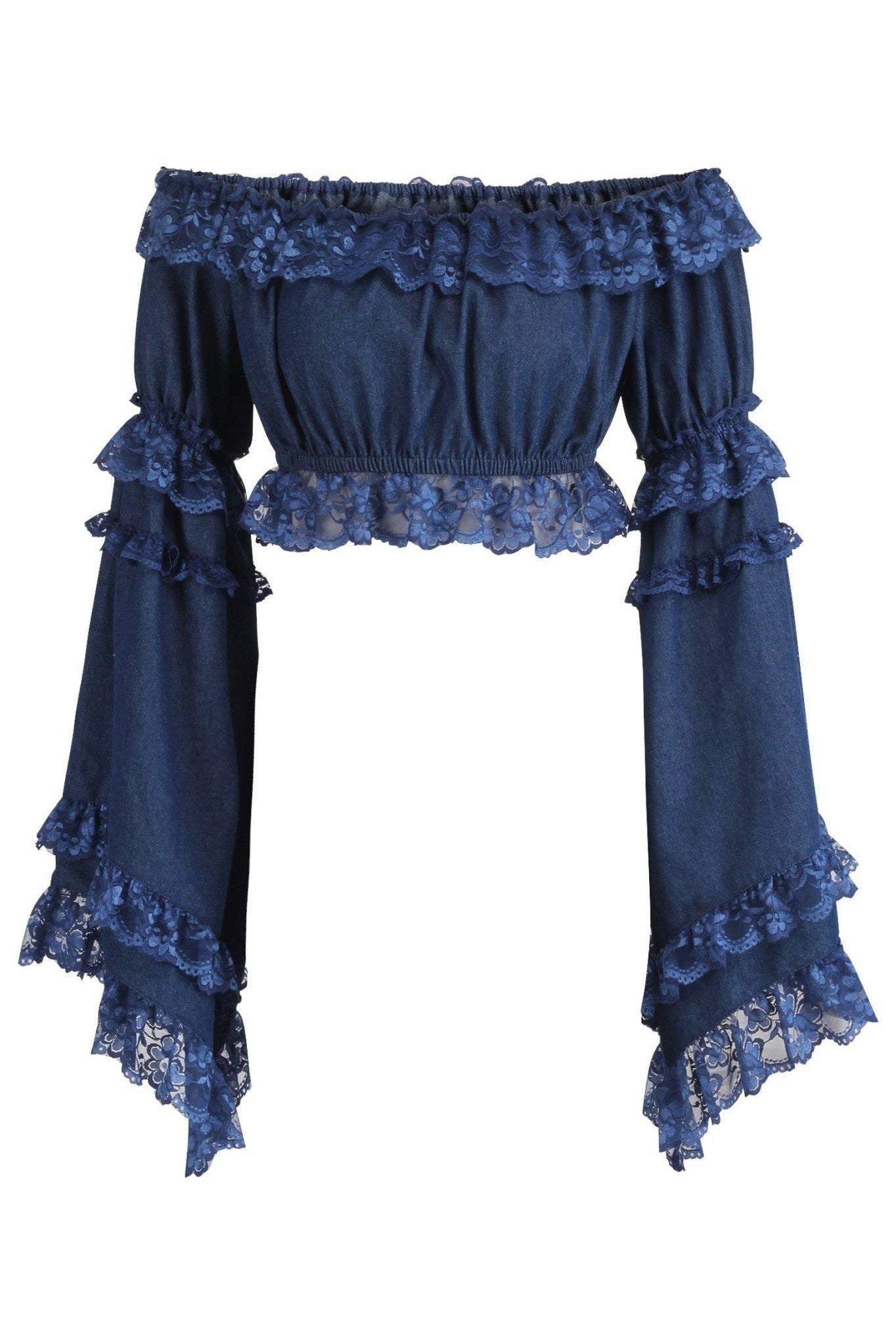 Dark Blue Denim Smocked Flare Sleeve Peasant Top - Daisy Corsets