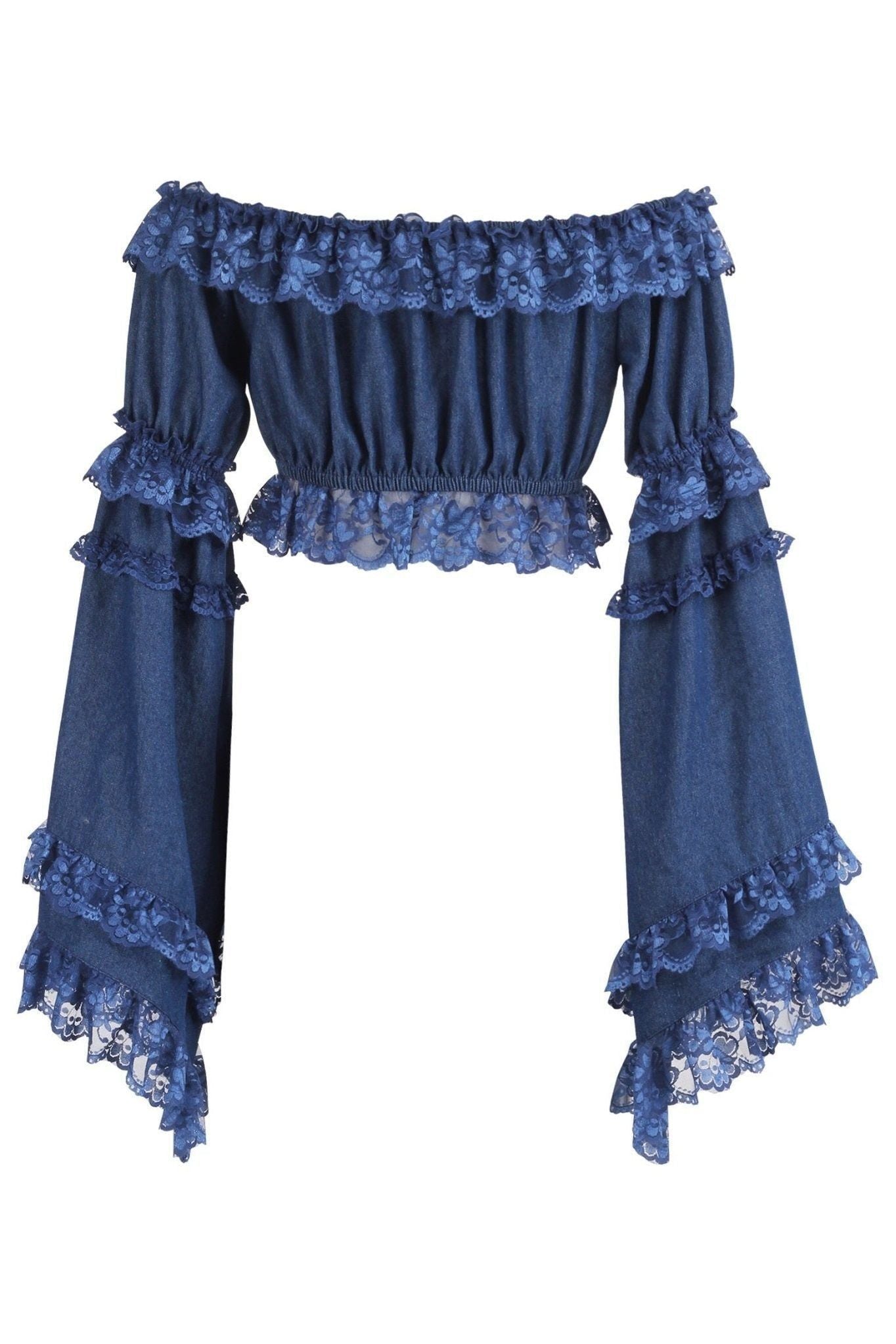 Dark Blue Denim Smocked Flare Sleeve Peasant Top - Daisy Corsets