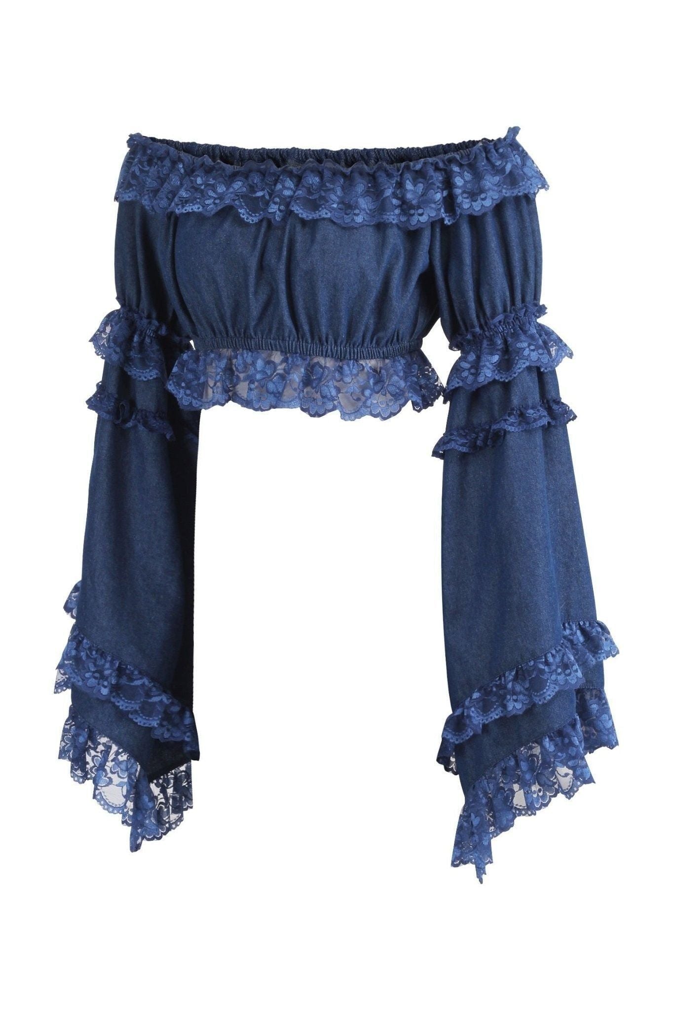 Dark Blue Denim Smocked Flare Sleeve Peasant Top - Daisy Corsets
