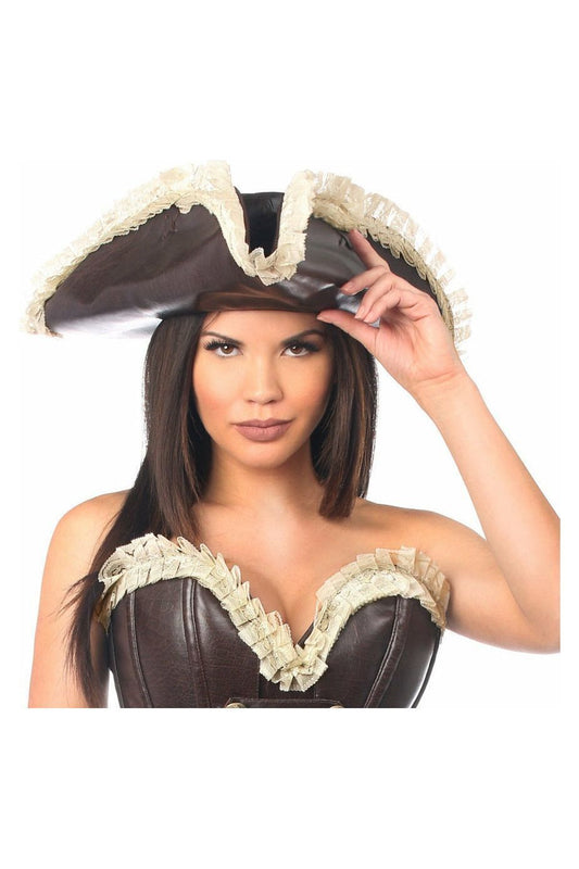 Dark Brown Distressed Faux Leather w/Cream Lace Pirate Hat - Daisy Corsets