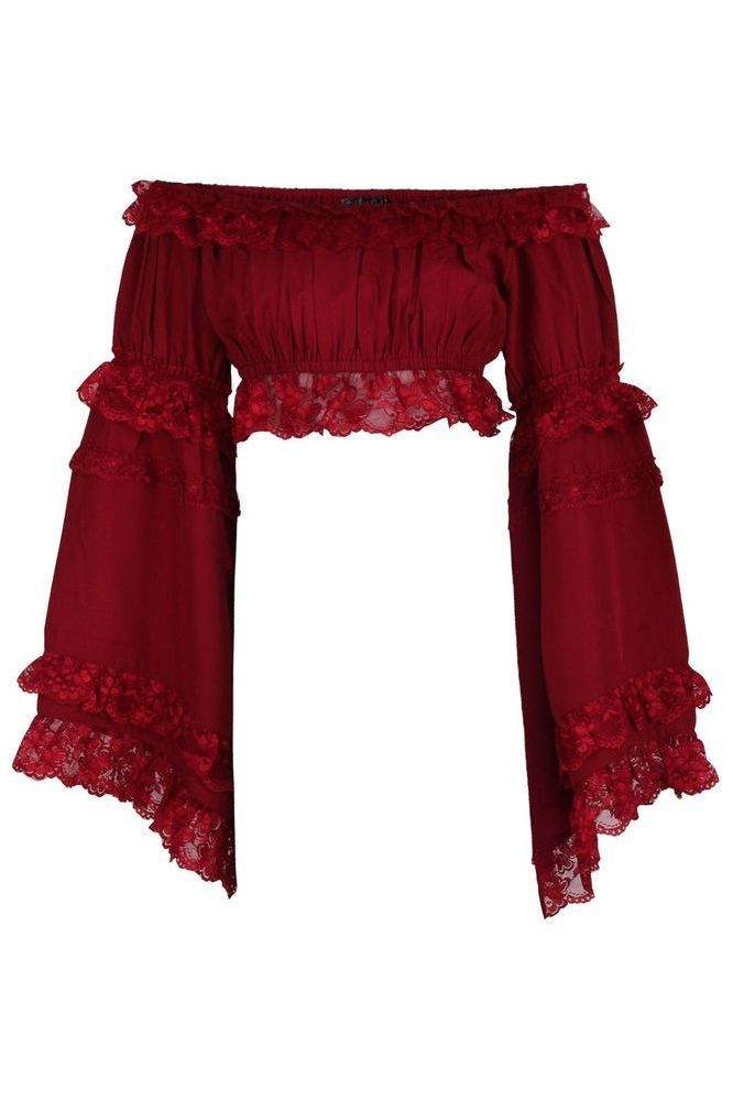 Dark Red Smocked Flare Sleeve Peasant Top - Daisy Corsets