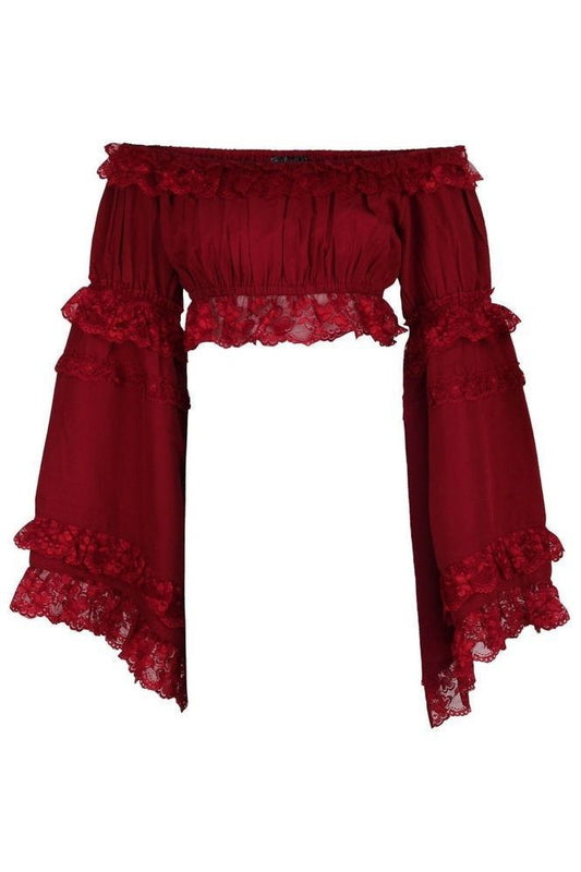 Dark Red Smocked Flare Sleeve Peasant Top - Daisy Corsets
