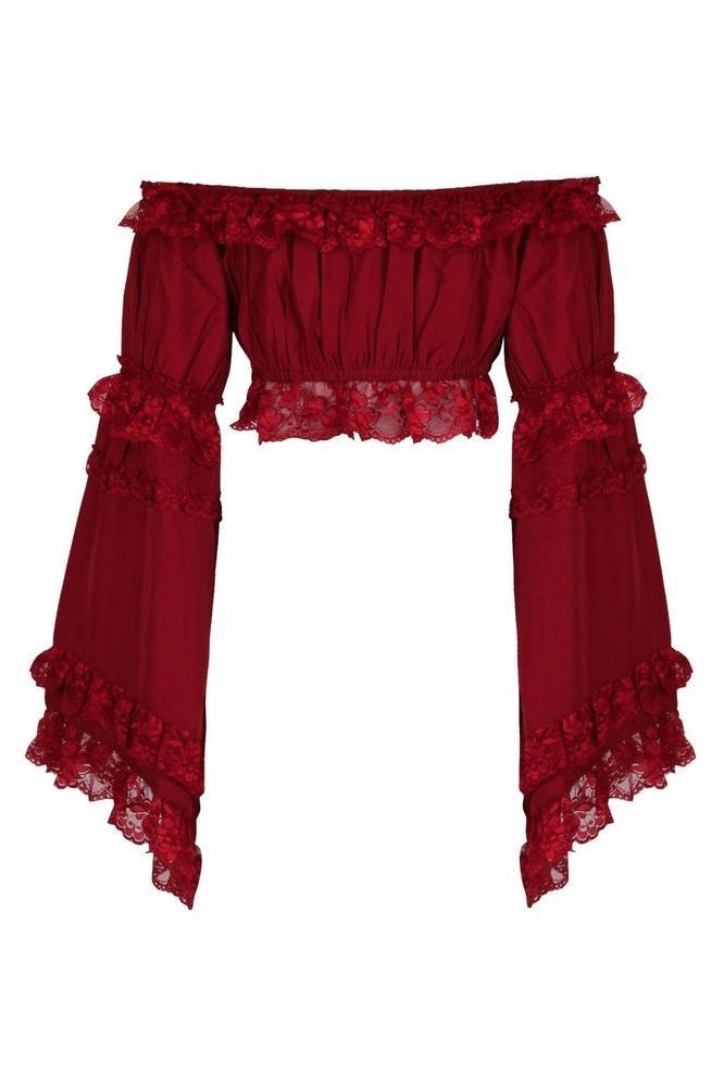 Dark Red Smocked Flare Sleeve Peasant Top - Daisy Corsets