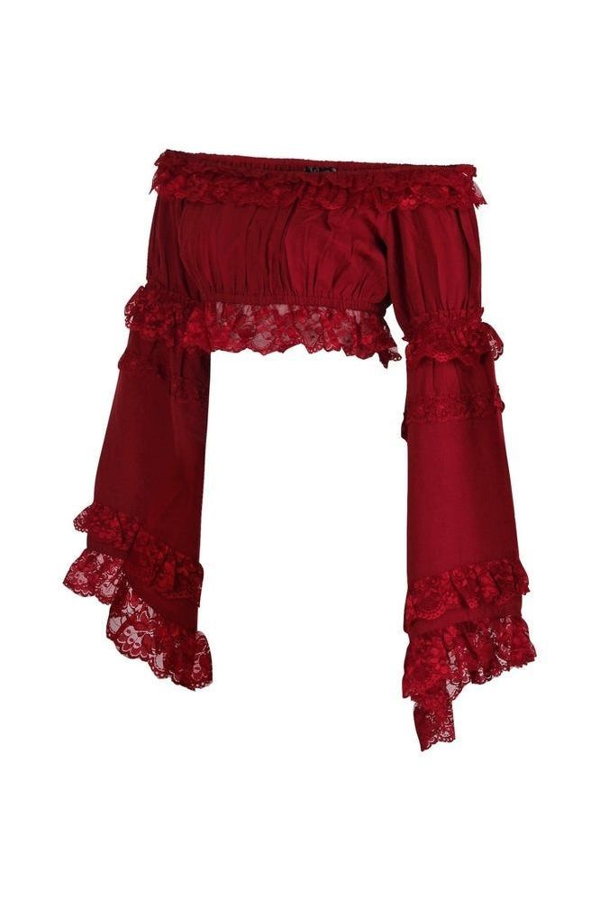 Dark Red Smocked Flare Sleeve Peasant Top - Daisy Corsets