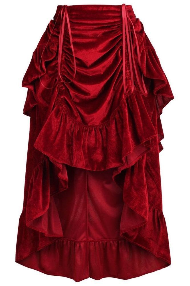 Dark Red Velvet Adjustable High Low Bustle Skirt - Daisy Corsets