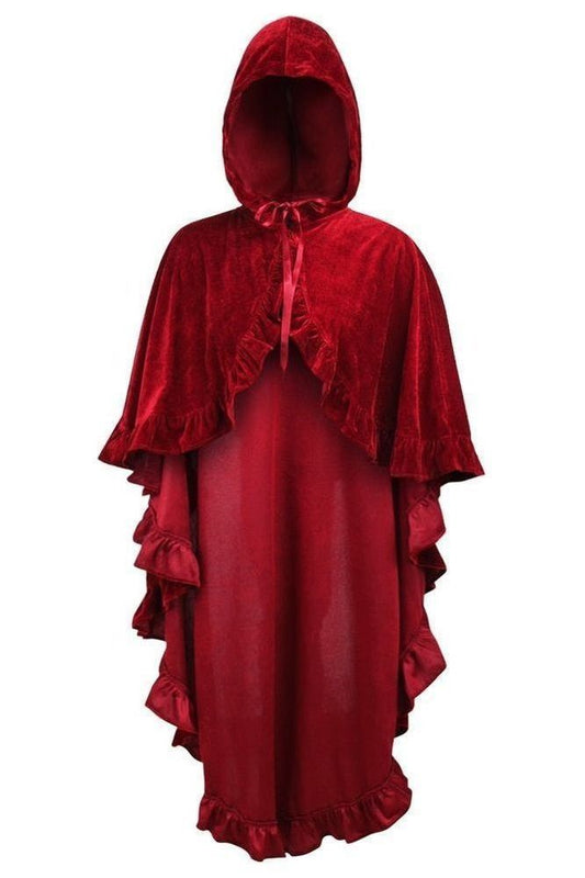 Dark Red Velvet Hooded Ruffle Cape - Daisy Corsets