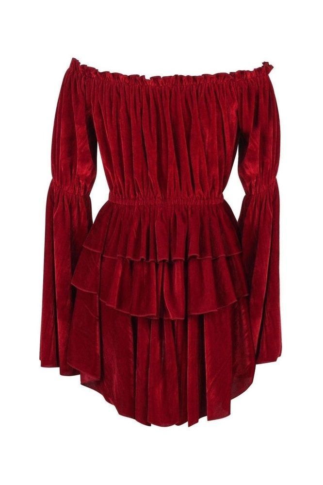 Dark Red Velvet Ruffle Dress - Daisy Corsets