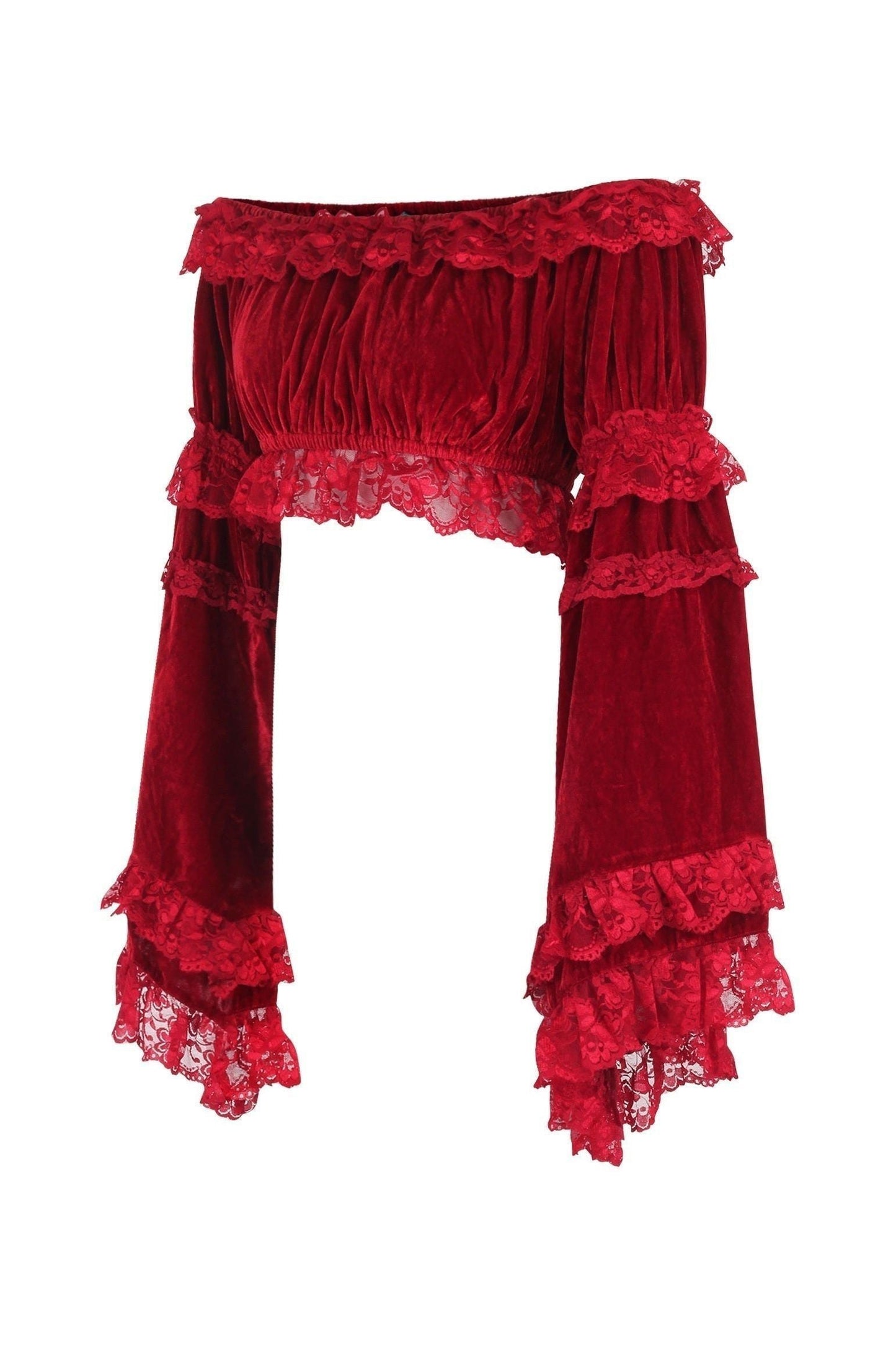 Dark Red Velvet Smocked Flare Sleeve Peasant Top - Daisy Corsets