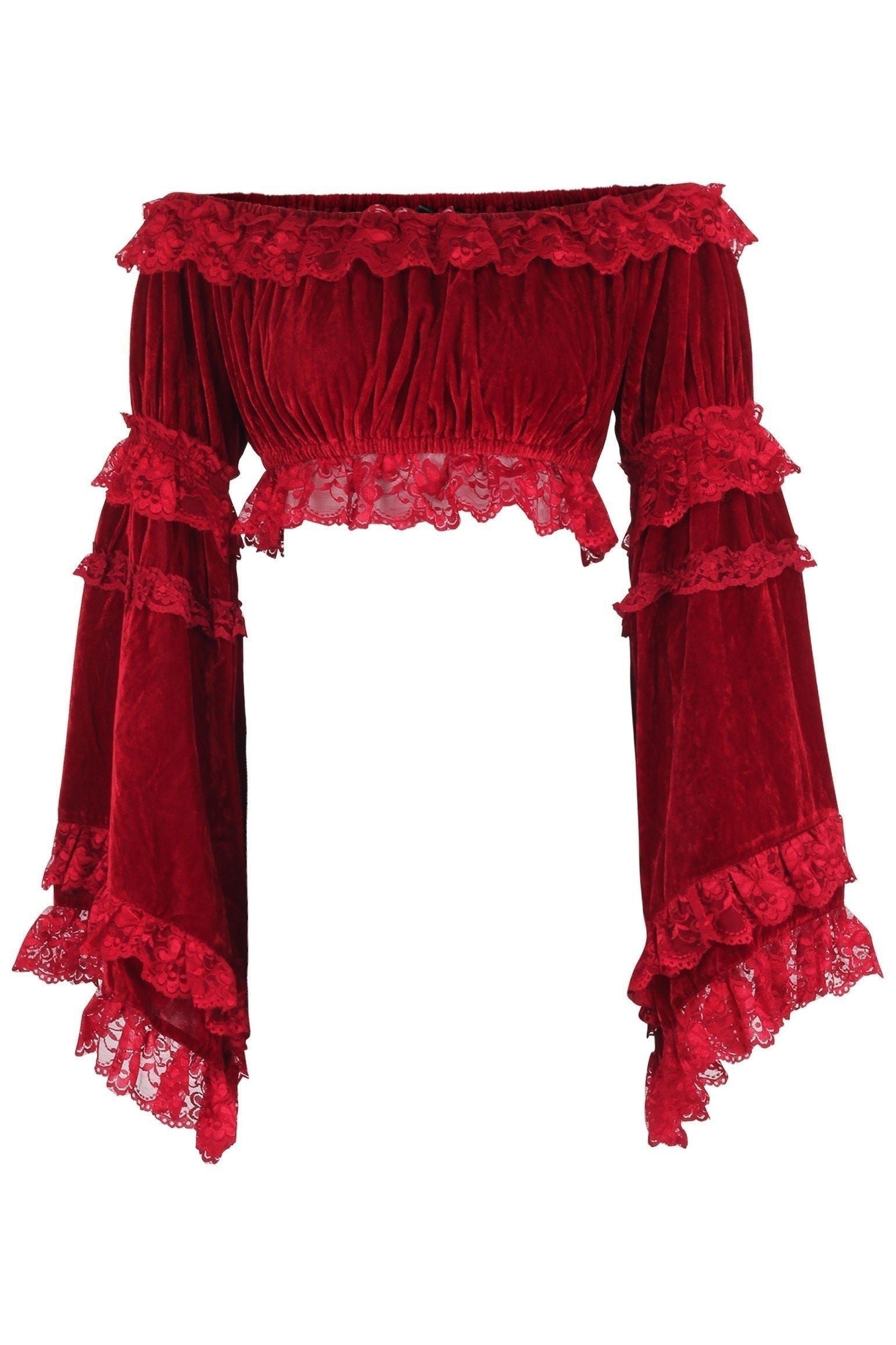 Dark Red Velvet Smocked Flare Sleeve Peasant Top - Daisy Corsets
