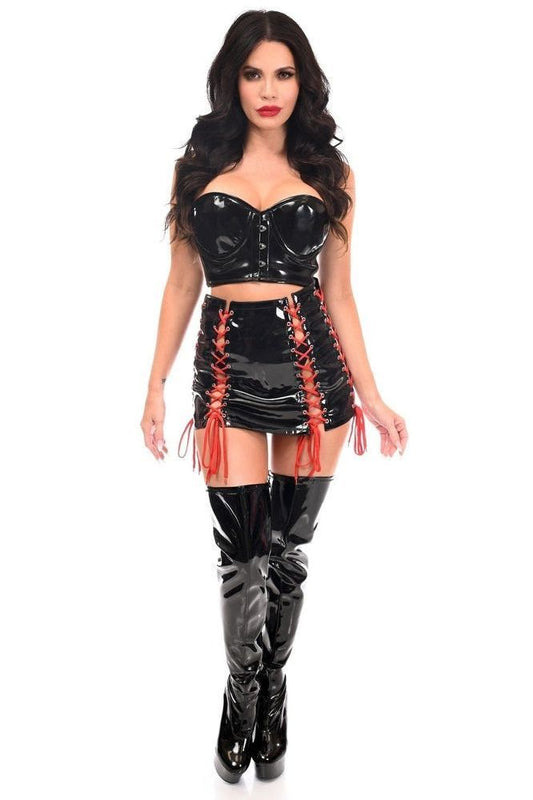Lavish 2 PC Black Patent Bustier & Lace - Up Skirt Set - Daisy Corsets