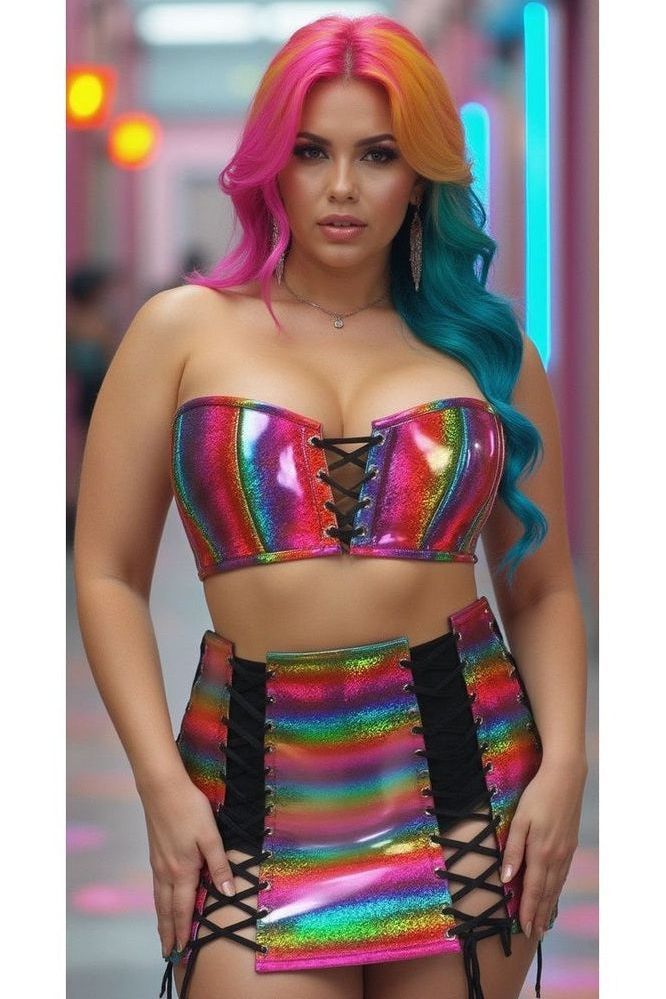 Lavish 2 PC Rainbow Glitter Bustier & Skirt Set - Daisy Corsets