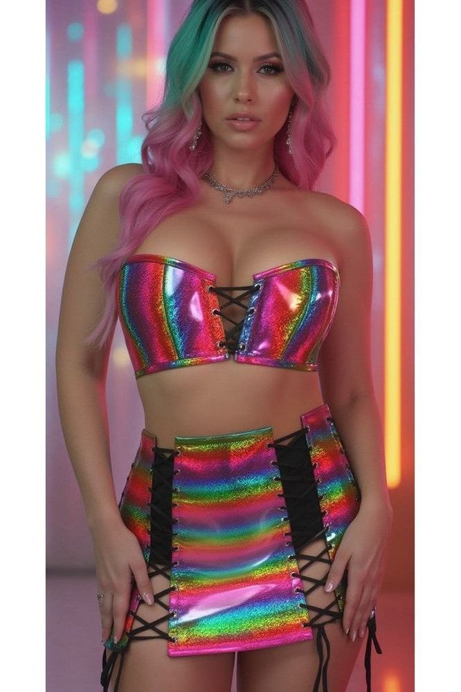 Lavish 2 PC Rainbow Glitter Bustier & Skirt Set - Daisy Corsets