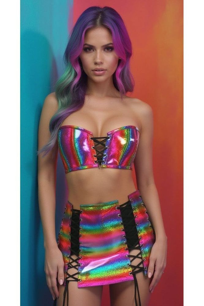 Lavish 2 PC Rainbow Glitter Bustier & Skirt Set - Daisy Corsets