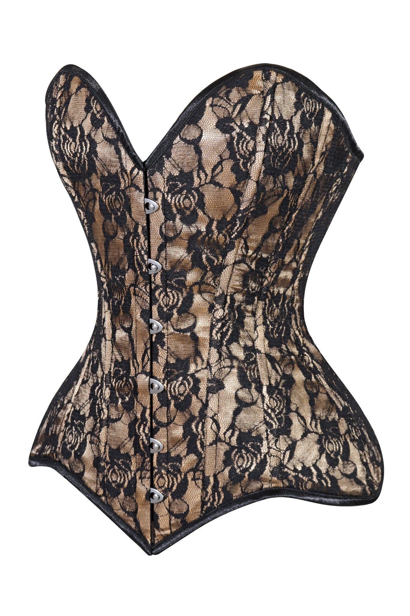 Lavish Beige/Black Lace Overbust Corset Sweetheart Neckline Busk Closure - Daisy Corsets