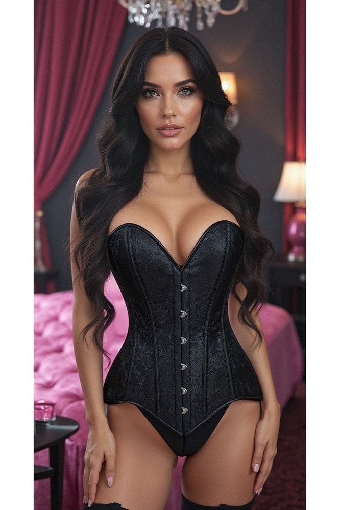 Lavish Black Brocade Overbust Corset W/Busk Closure - Daisy Corsets