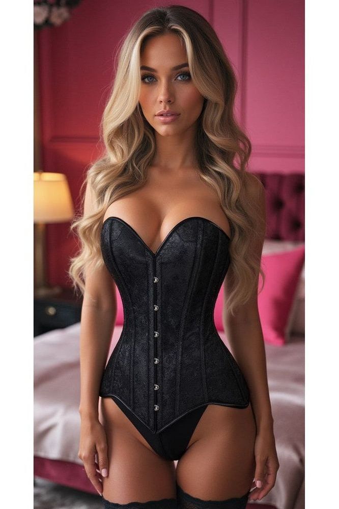 Lavish Black Brocade Overbust Corset W/Busk Closure - Daisy Corsets
