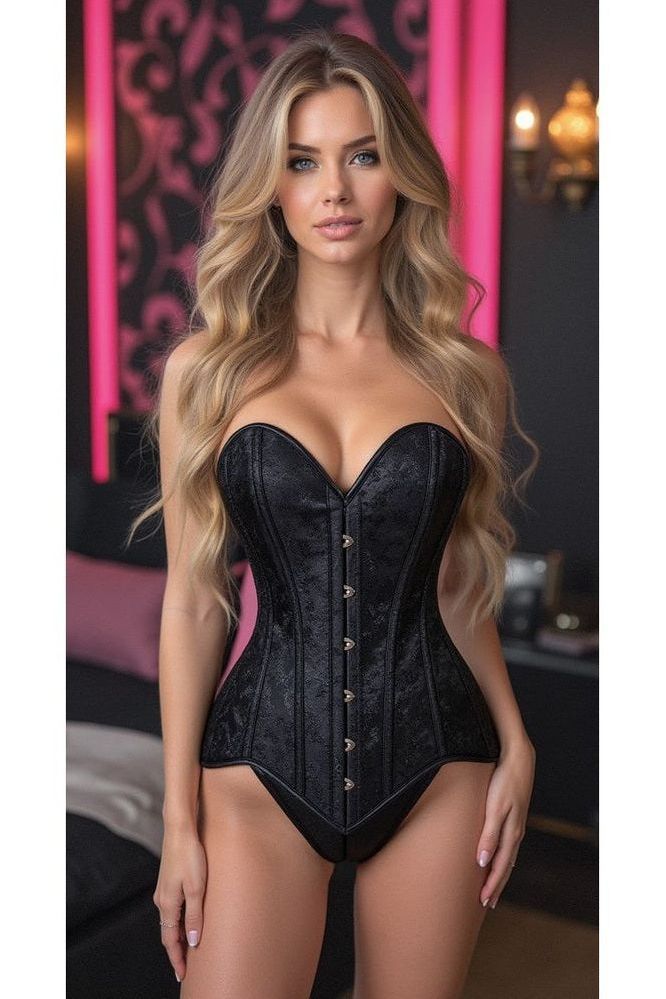 Lavish Black Brocade Overbust Corset W/Busk Closure - Daisy Corsets