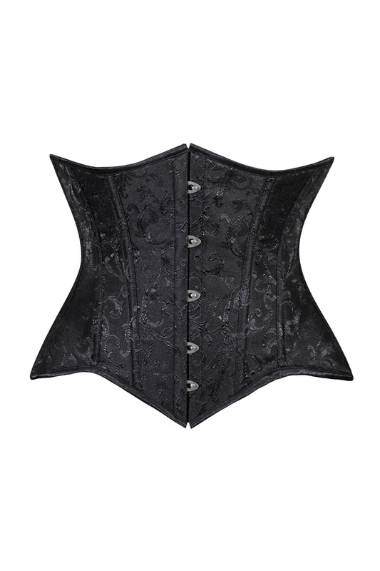 Lavish Black Brocade Waist Cincher Under Bust Corset w/Front Busk Closure - Daisy Corsets