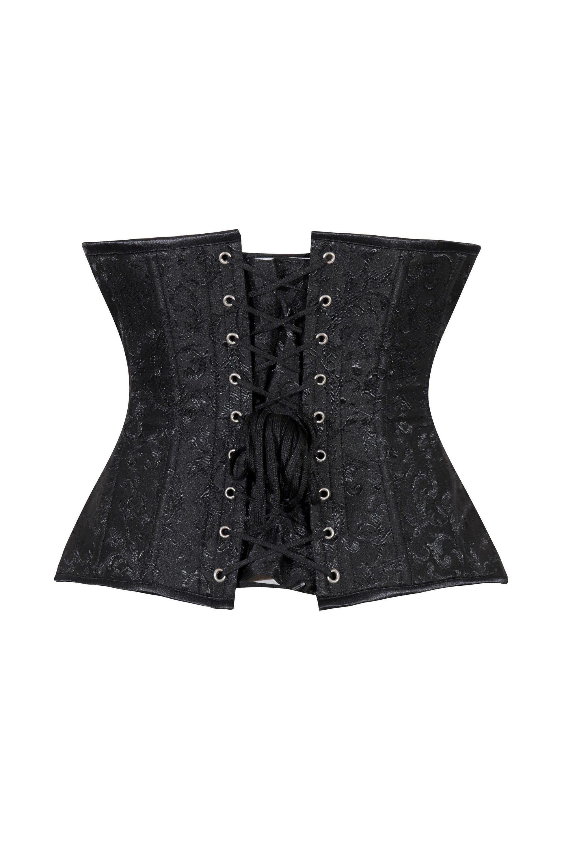Lavish Black Brocade Waist Cincher Under Bust Corset w/Front Busk Closure - Daisy Corsets