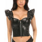 Lavish Black Faux Leather Bustier Top w/Ruffle Sleeves - Daisy Corsets