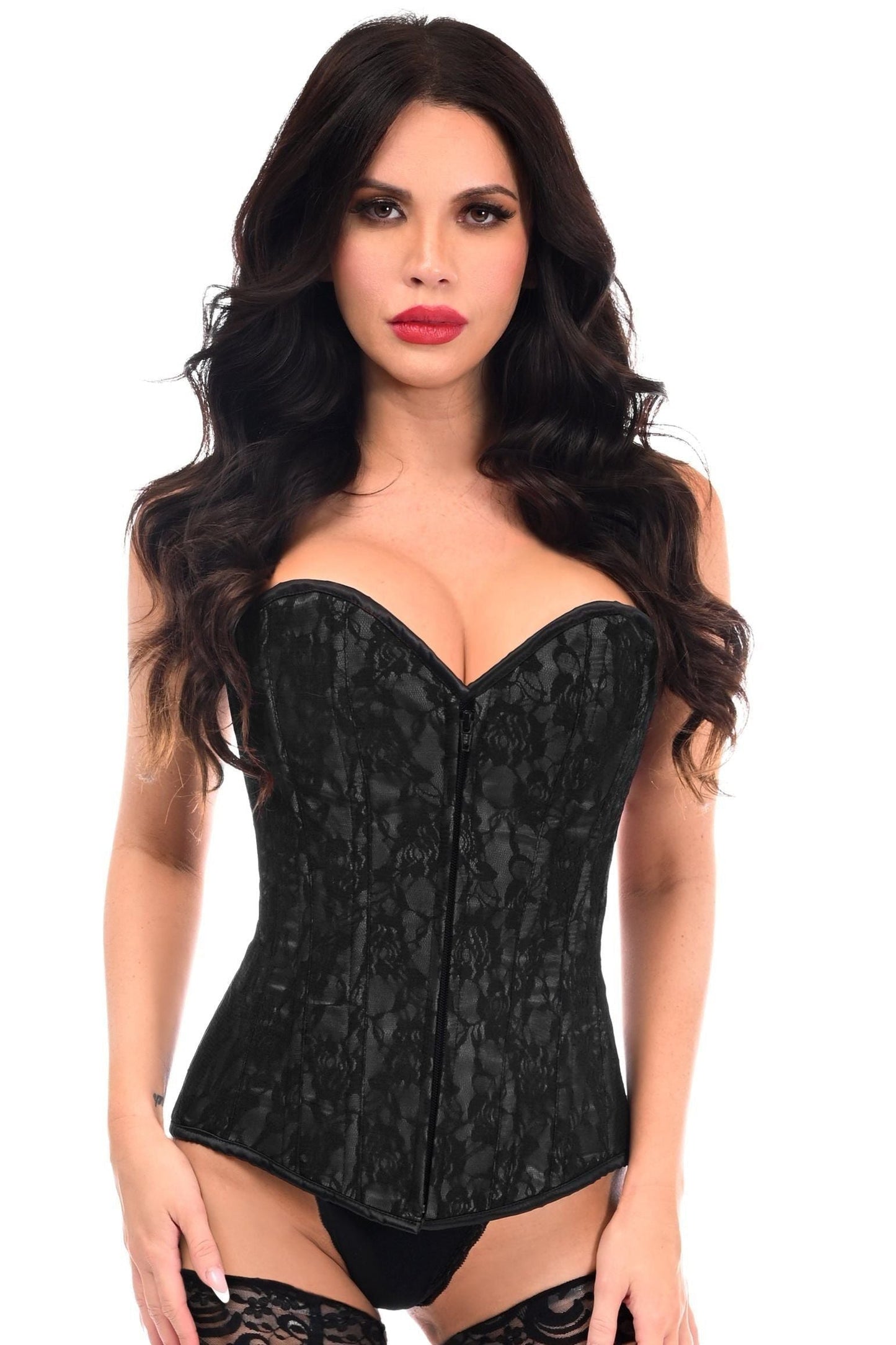 Lavish Black Lace Front Zipper Corset - Daisy Corsets
