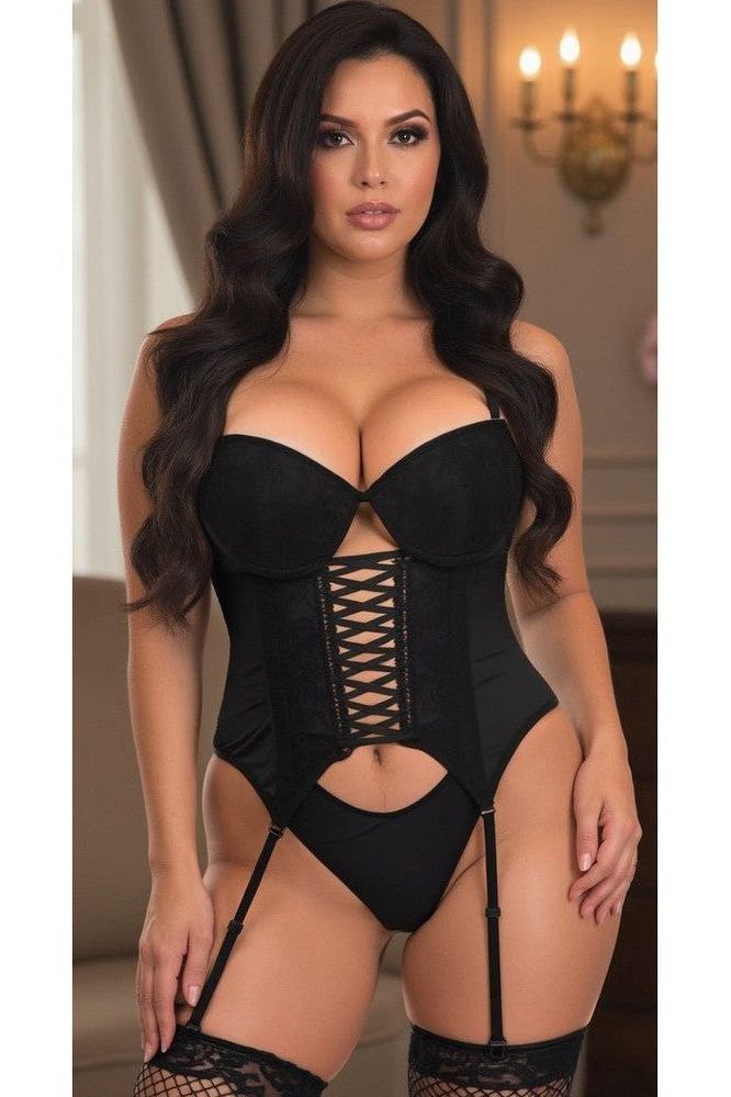 Lavish Black Lycra & Lace Hook & Eye Lace - Up Bustier Corset w/Garters - Daisy Corsets