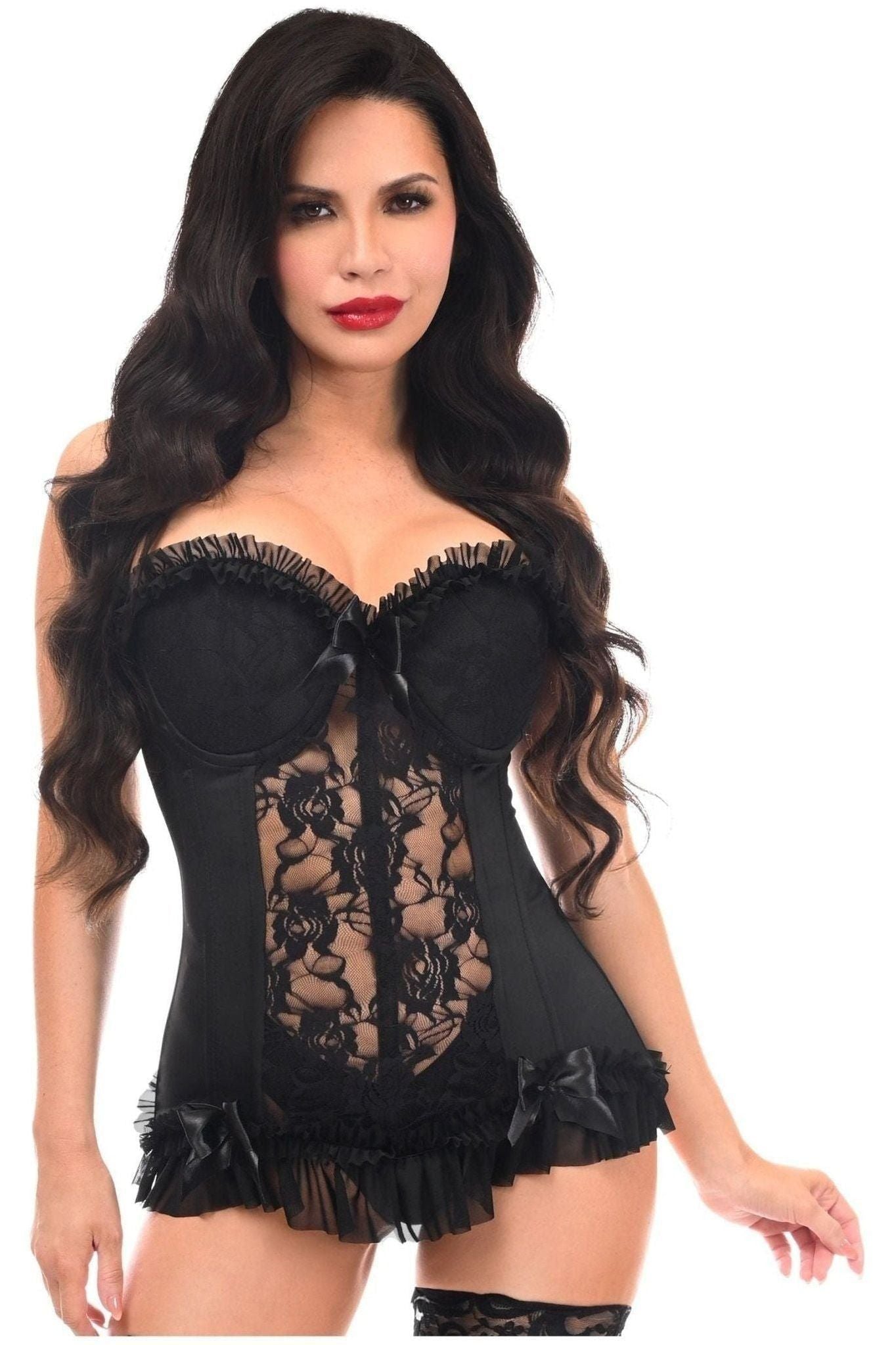 Lavish Black Lycra & Lace Hook & Eye Stretch Bustier Corset - Daisy Corsets