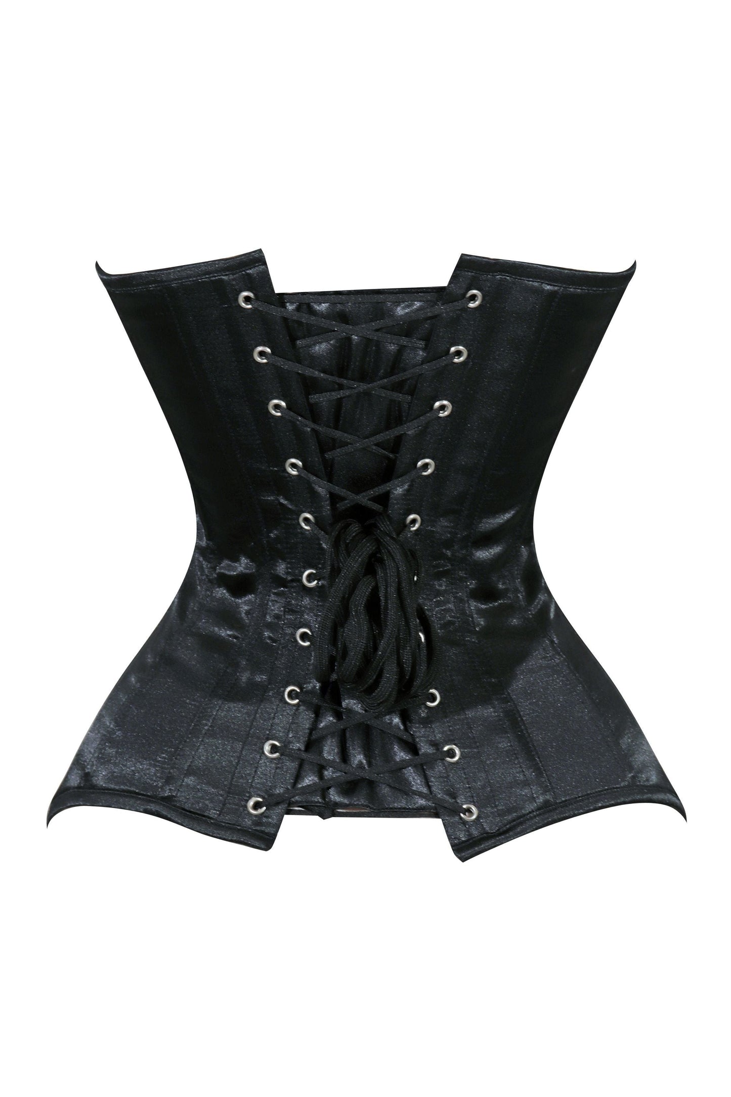 Lavish Black Satin Overbust Corset Sweetheart Neckline Busk Closure - Daisy Corsets