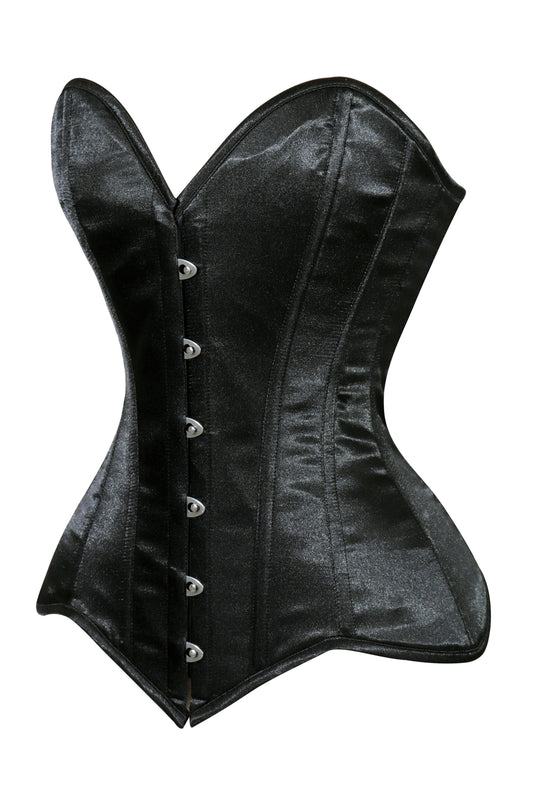 Lavish Black Satin Overbust Corset Sweetheart Neckline Busk Closure - Daisy Corsets