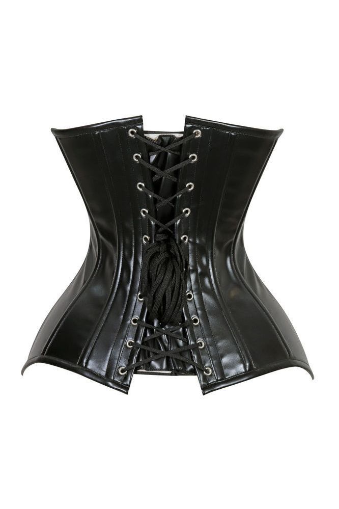 Lavish Black Wet Look Faux Leather Overbust Corset Sweetheart Neckline Busk Closure - Daisy Corsets