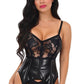 Lavish Black Wet Look & Lace Bustier Corset w/Garters - Daisy Corsets