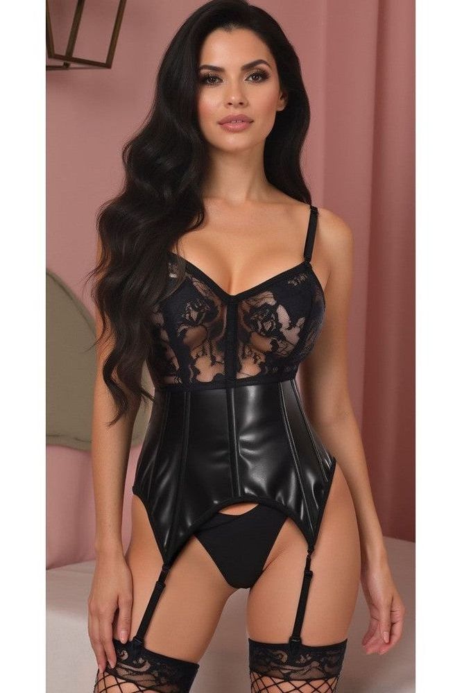 Lavish Black Wet Look & Lace Bustier Corset w/Garters - Daisy Corsets