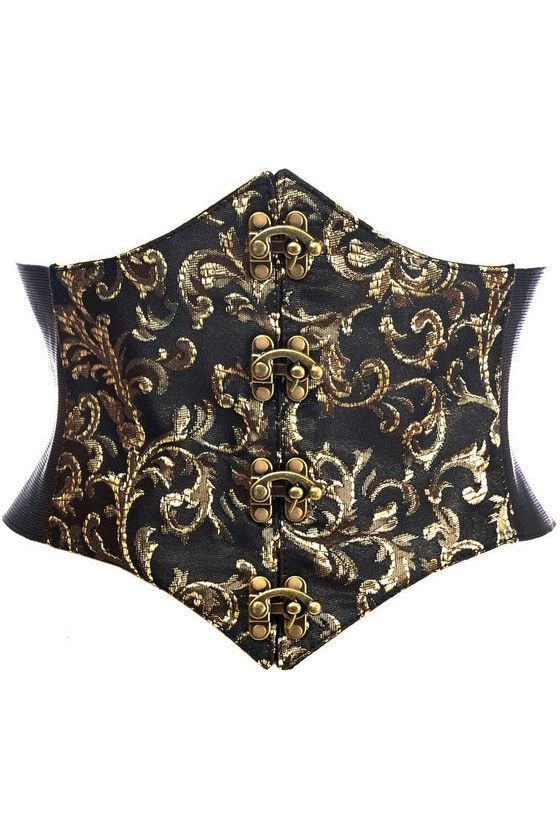 Lavish Black/Gold Swirl Brocade Corset Belt Cincher w/Clasps - Daisy Corsets