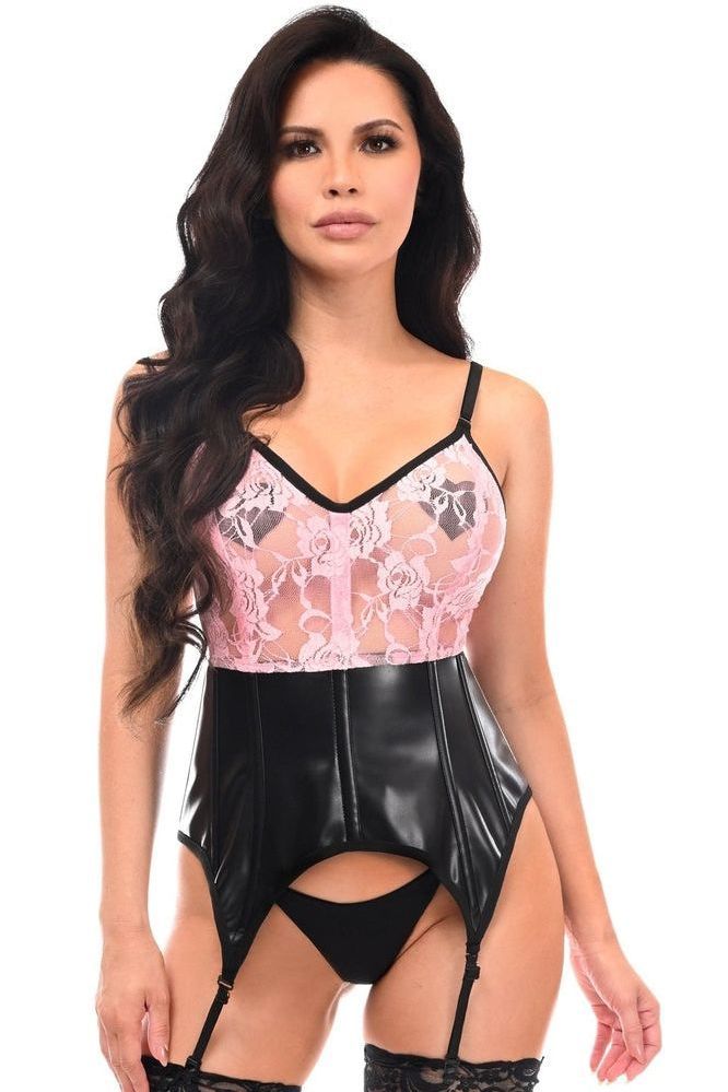 Lavish Black/Pink Wet Look & Lace Bustier Corset w/Garters - Daisy Corsets