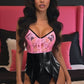 Lavish Black/Pink Wet Look & Lace Bustier Corset w/Garters - Daisy Corsets