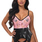 Lavish Black/Pink Wet Look & Lace Bustier Corset w/Garters - Daisy Corsets