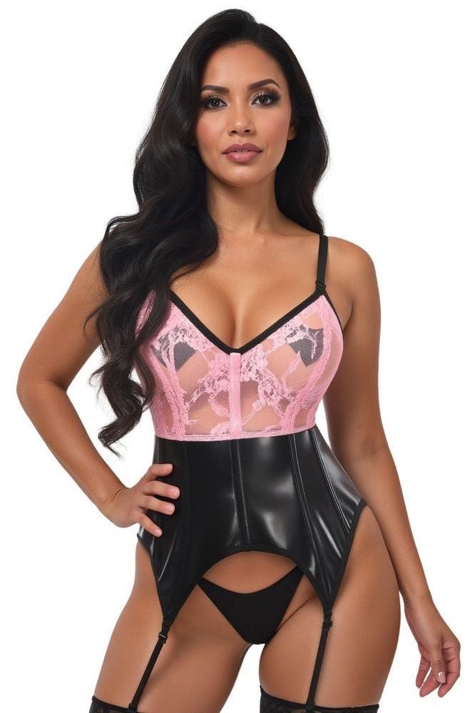 Lavish Black/Pink Wet Look & Lace Bustier Corset w/Garters - Daisy Corsets