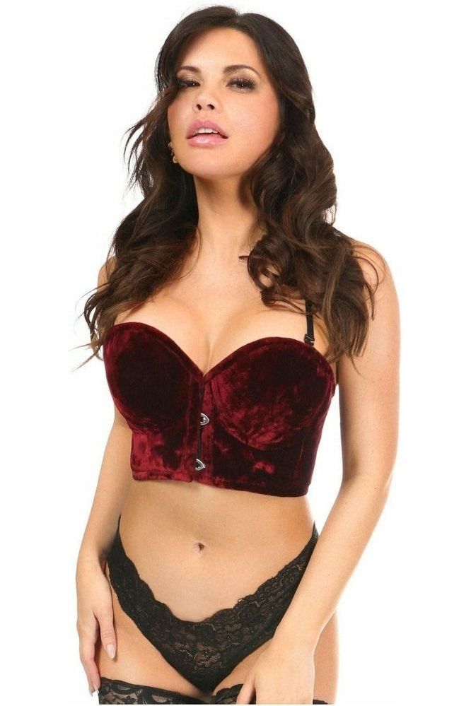 Lavish Dark Red Crushed Velvet Underwire Short Bustier - Daisy Corsets
