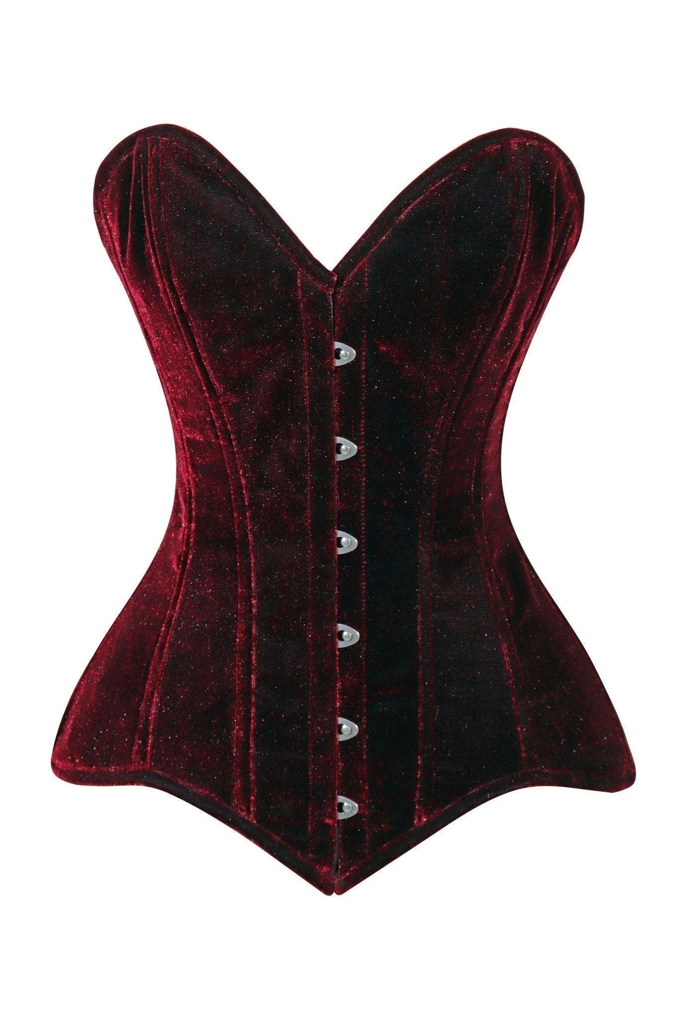 Lavish Dark Red Velvet Overbust Corset Sweetheart Neckline Busk Closure - Daisy Corsets