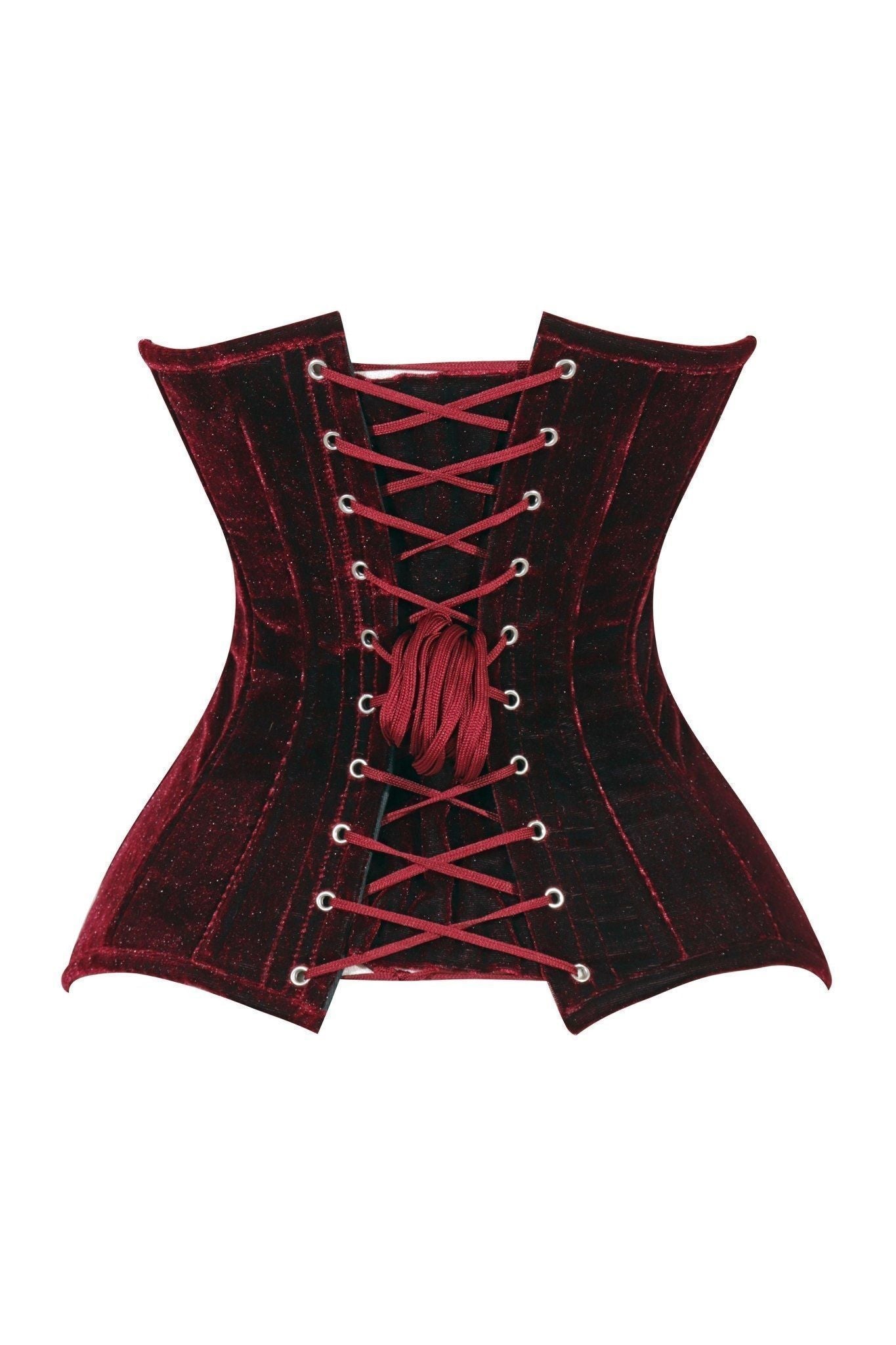 Lavish Dark Red Velvet Overbust Corset Sweetheart Neckline Busk Closure - Daisy Corsets